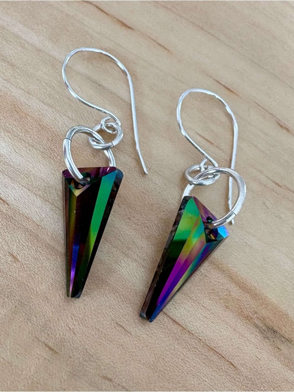 Iridescent Swarovski Crystal Spear Drop Earrings in Solid Sterling Silver